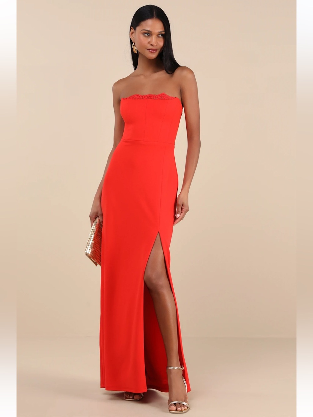 NWT Lulu's Memorably Iconic Red Strapless Lace Bustier Maxi Dress